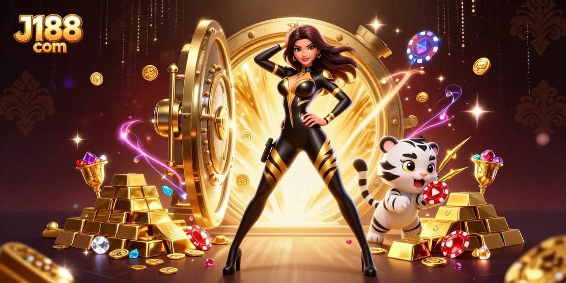 Experience the thrill at J188 com with an acrobatic casino scene featuring a stunning 3D woman and her playful tiger.