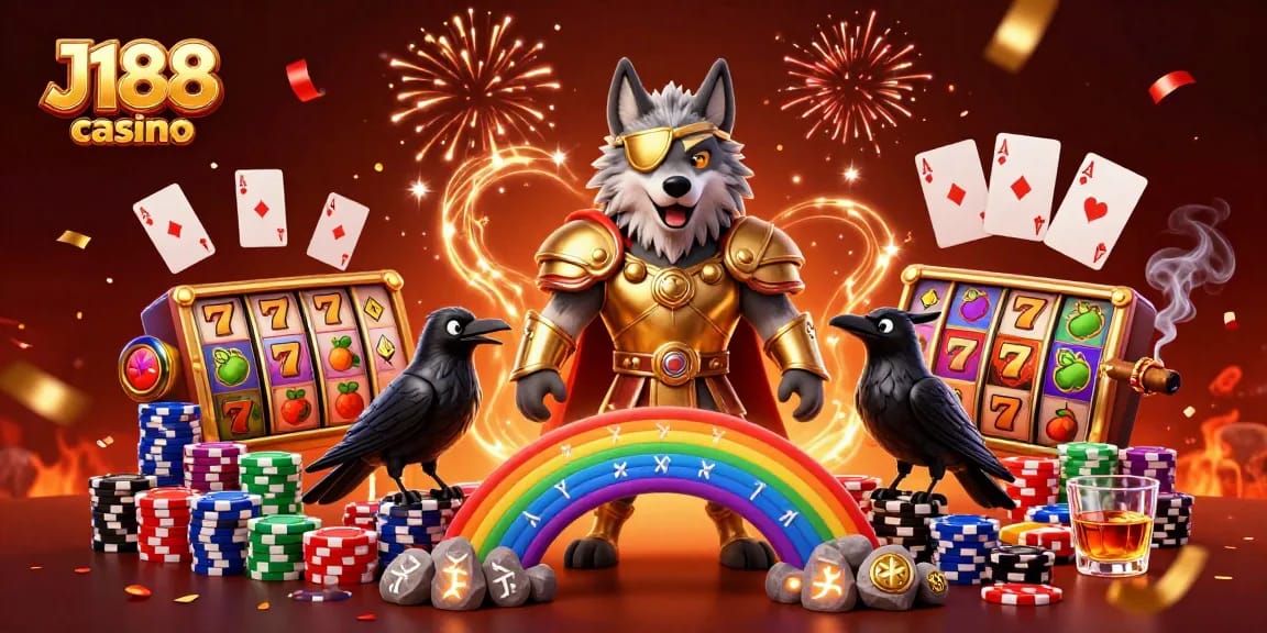 Engage with the thrilling J188 casino experience amid vibrant slot games and mythical characters.