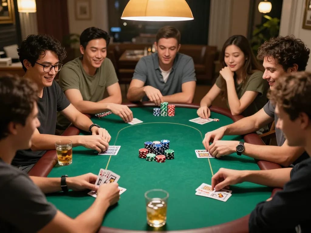Friends engaged in an exciting home poker game, highlighting Bảng Xếp Hạng of their strategies.