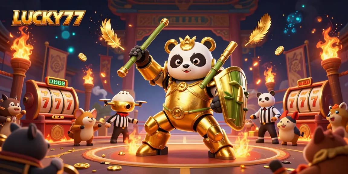 LUCKY77 displays a vibrant 3D mech-suit panda battling in a lively casino arena.