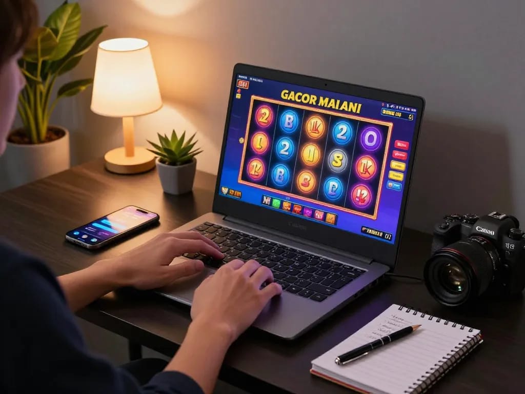 Player enjoying slot gacor hari ini on laptop, reading stratagem notes on the table