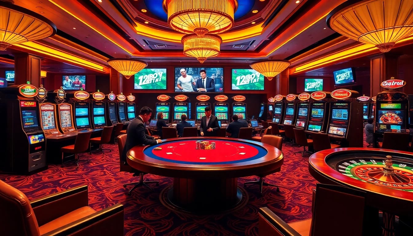 Experience thrilling gameplay at 12bet's luxurious online casino with poker tables and vibrant slot machines.