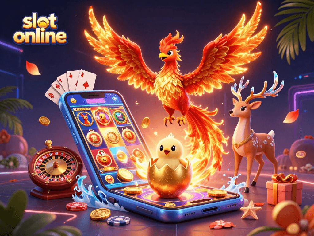 Permainan slot online yang menarik perhatian dengan phoenix api, smartphone, dan elemen kasino.