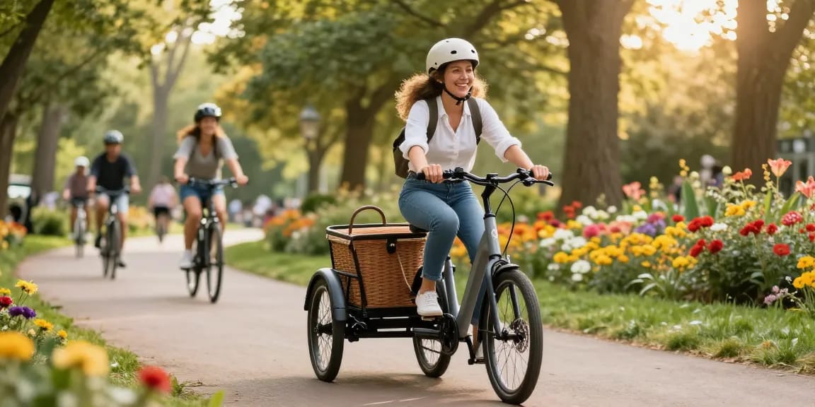 Experience the joy of riding the best electric tricycles in a sunny park scene.