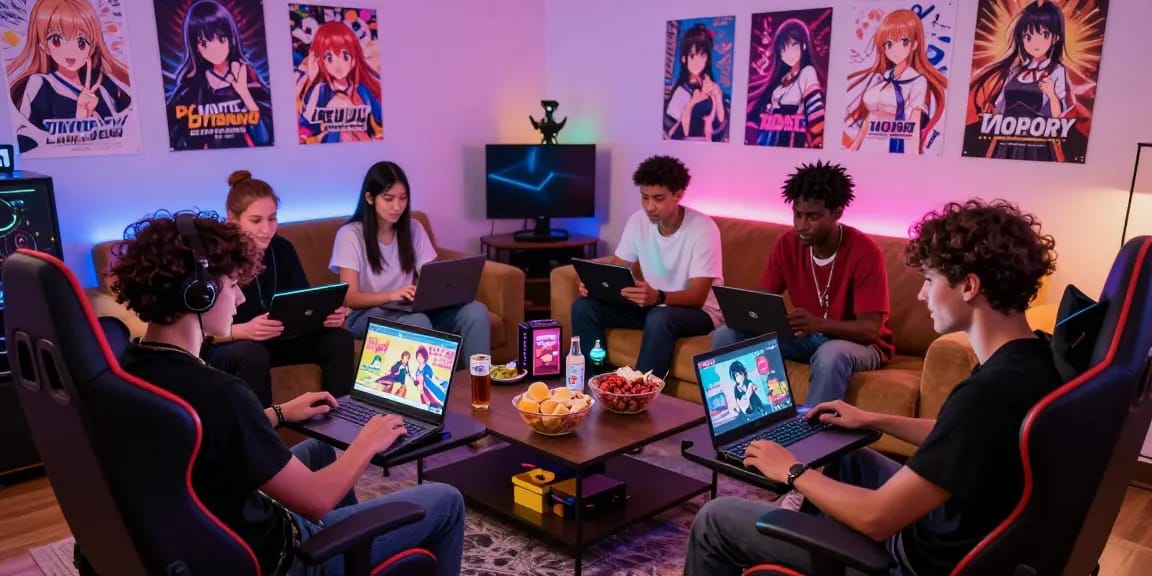 Group of gamers enjoying ecchi games together in a cozy living room.