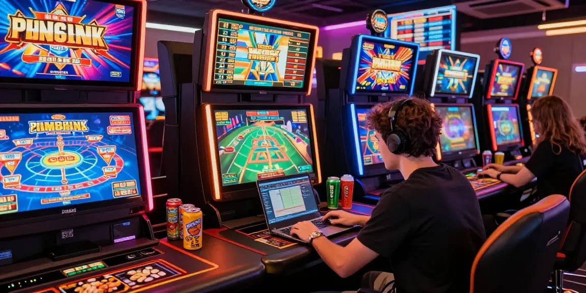 Exciting gameplay at a credit card casino with player engaging on a laptop amidst colorful slot machines, showcasing vibrant gaming atmosphere.