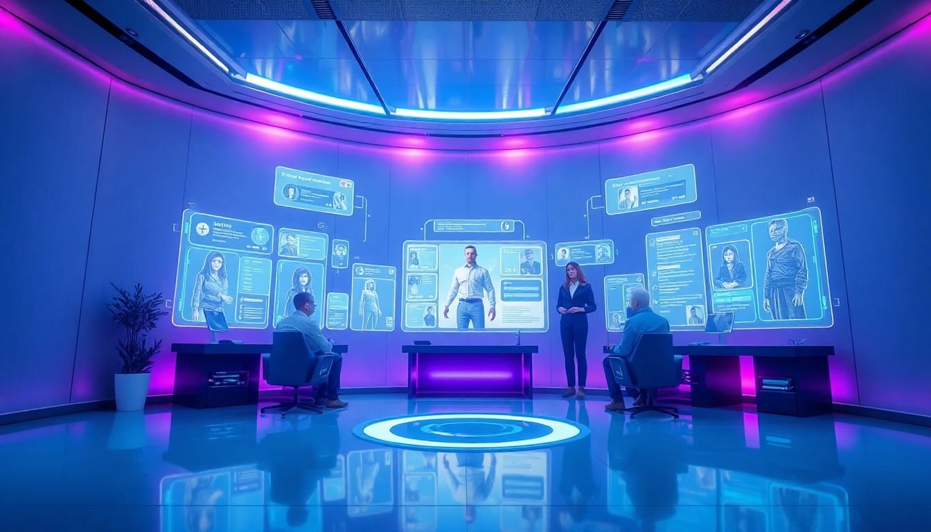 Interactive scene of users engaging with character ai nsfw simulations in a futuristic digital environment.