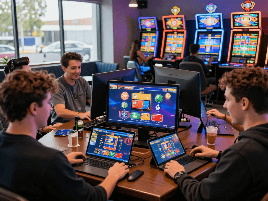 Exciting gaming atmosphere with players exploring uk credit card casino sites on laptops and tablets.