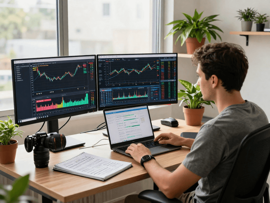 在现代交易办公室，交易者使用TradingView分析股票、外汇和加密货币市场数据，充满活力的交易环境。