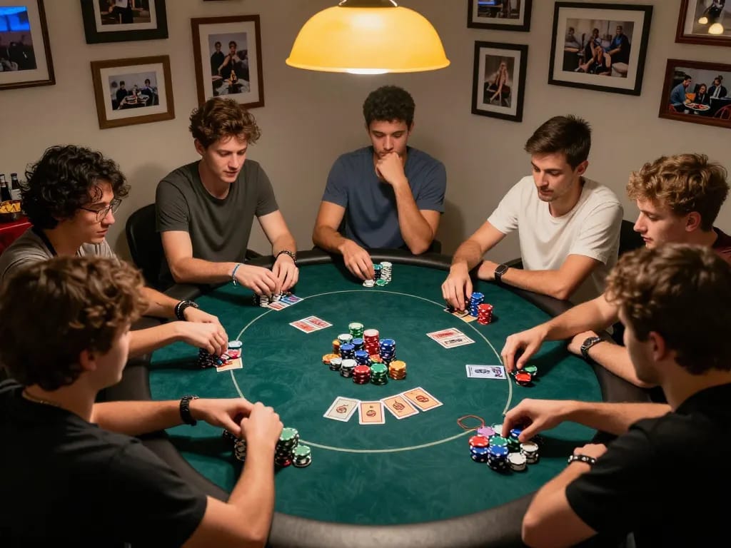 Teman-teman menikmati permainan poker di rumah, menampilkan strategi Texas Hold'em dan chip berwarna-warni