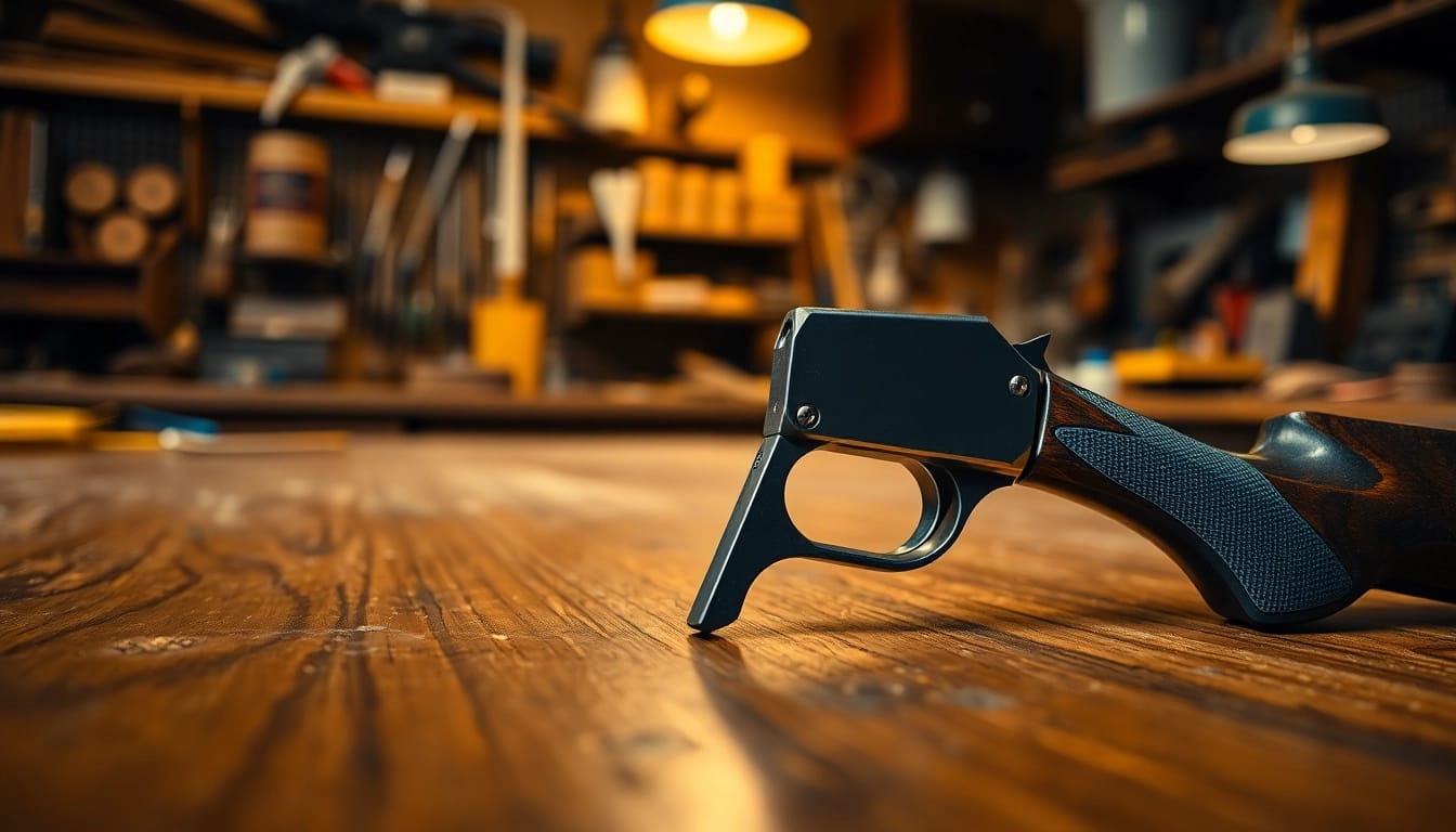 Showcase Alamo trigger, emphasizing precision engineering and craftsmanship details.