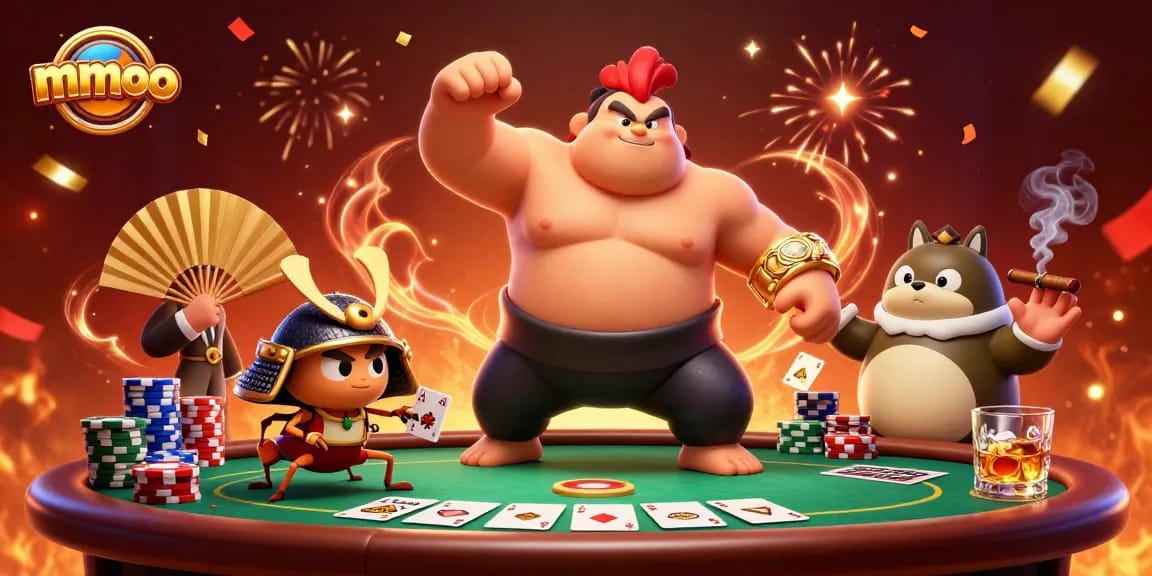 Engage with mmoo's exciting poker scene featuring a sumo rooster and samurai cricket.