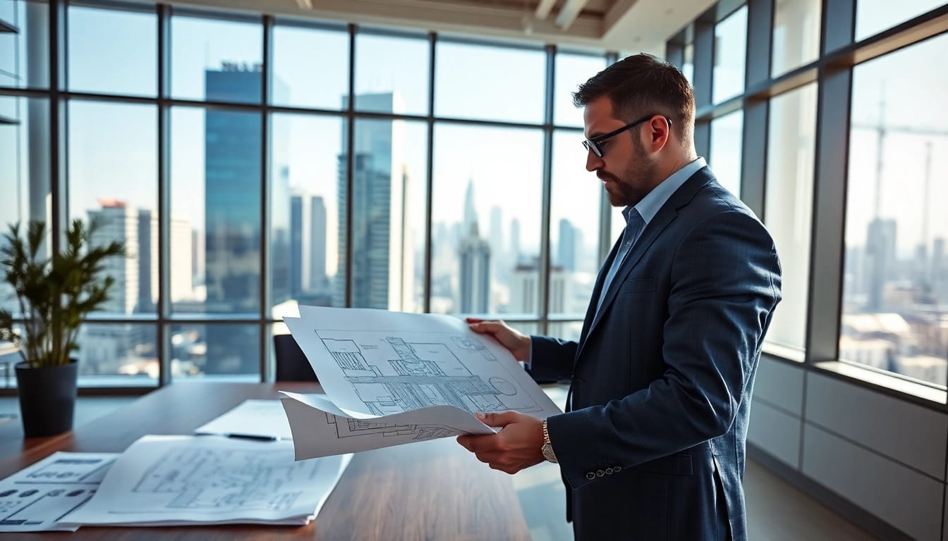 Commercial architect analyzing blueprints in a vibrant office environment