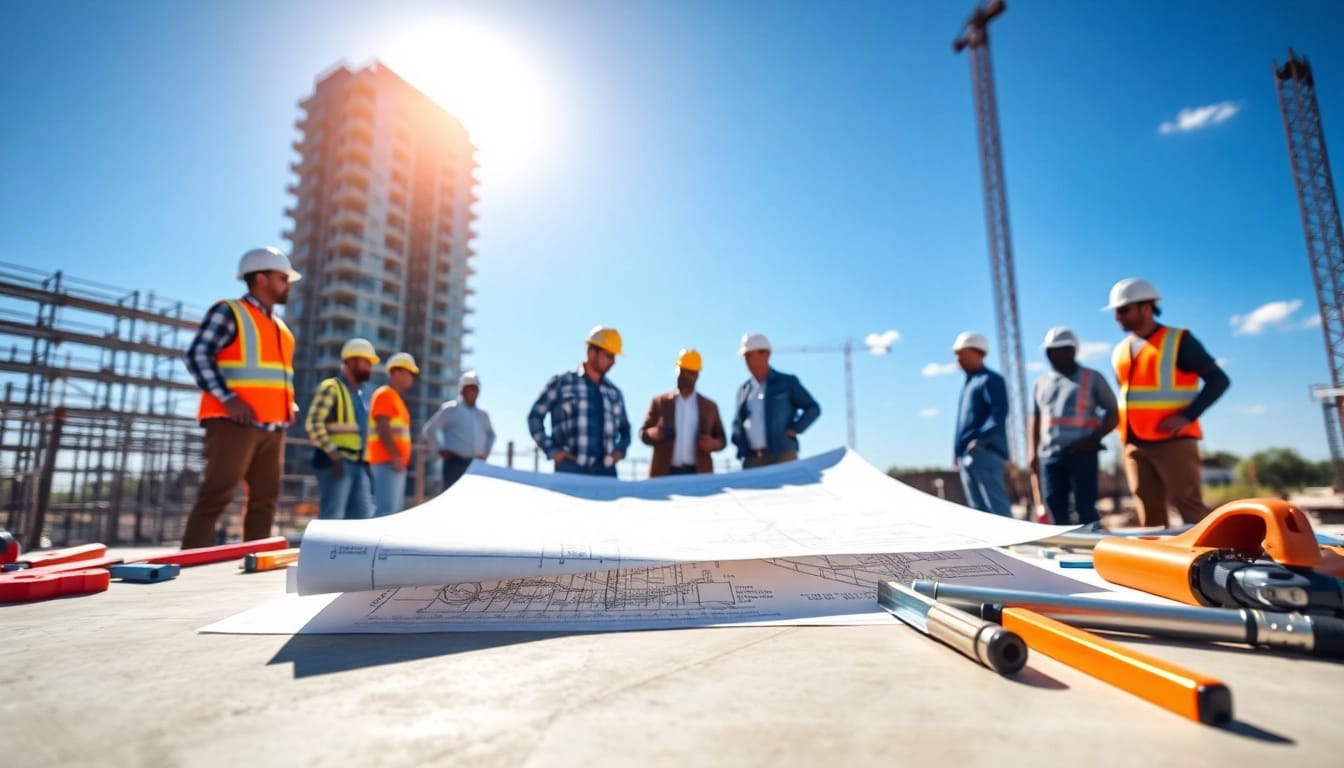 Austin construction workers collaborating at a modern building site with blueprints and tools.