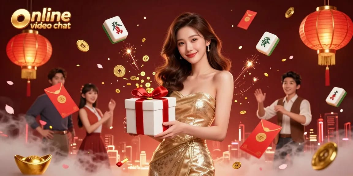 Engage in online video chat with a festive casino-themed illustration featuring vibrant elements and characters.