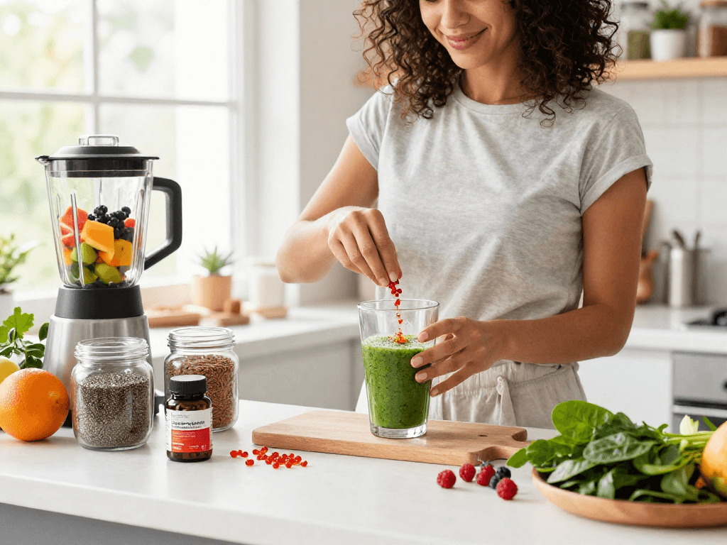 Astaxanthin Canada smoothie preparation with fresh ingredients and supplements in a bright kitchen.