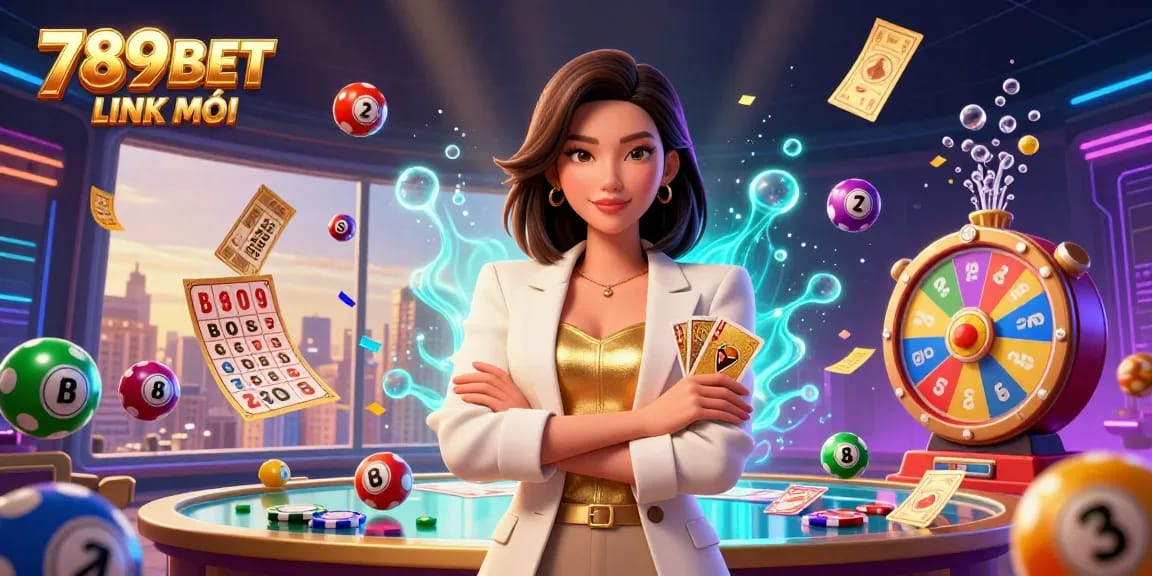 Win big with 789BET LINK MỚI in this vibrant 3D gambling illustration showcasing exciting game elements.