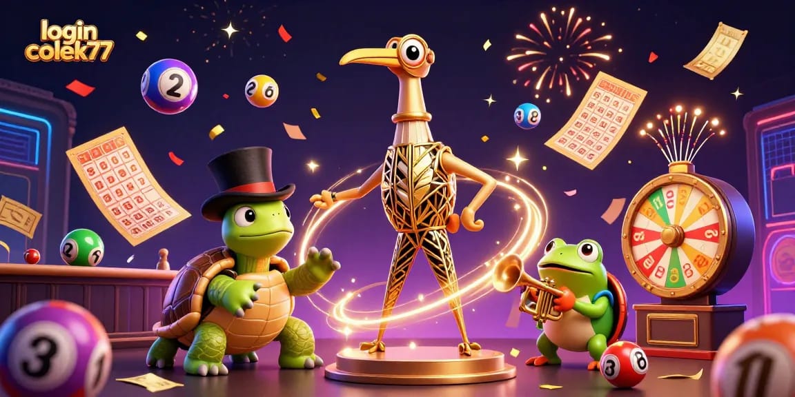 Engage with login colek77 and win prizes in this vibrant 3D casino scene filled with lottery excitement.
