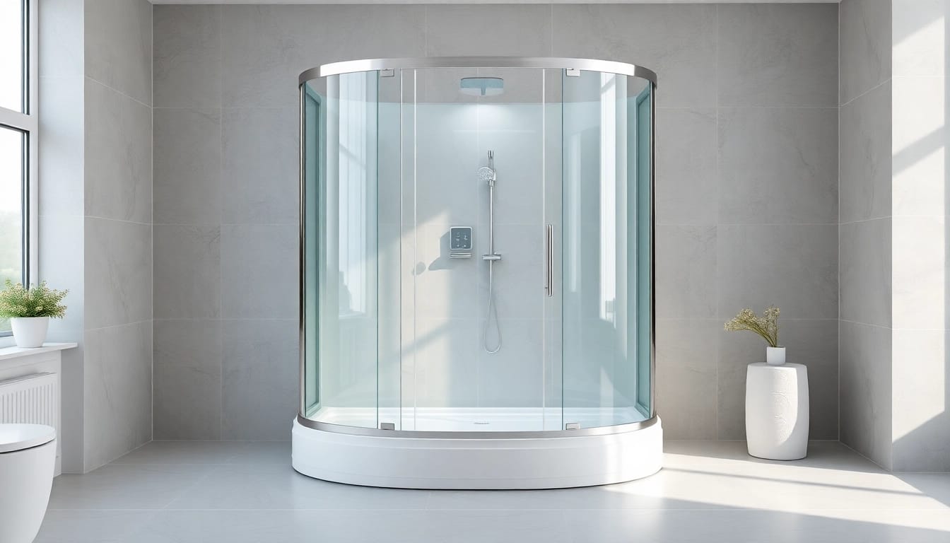 Moderne duschkabine 90x90 komplett in stilvollem Badezimmer mit eleganten Fliesen.