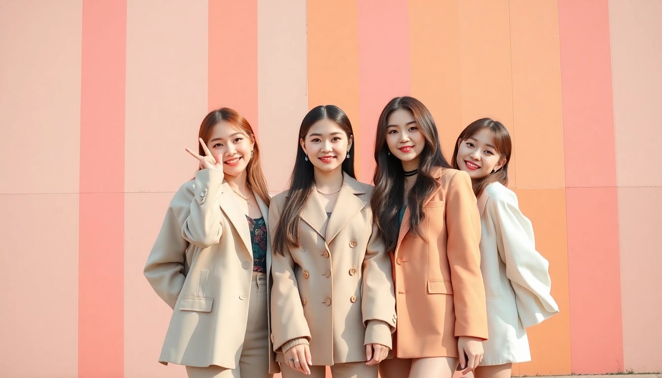 Blackpink members Jisoo, Jennie, Rosé, and Lisa posing dynamically in a colorful urban setting.