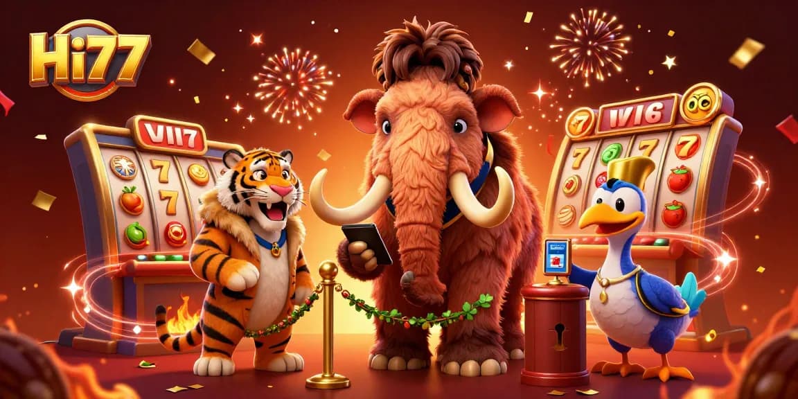 Experience thrilling gaming at Hi77 with vibrant characters, slot machines, and a dynamic casino atmosphere.