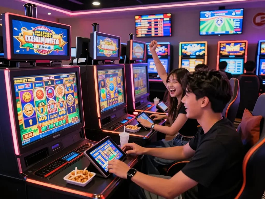 Players enjoying link gacor games on tablets in a lively casino environment.