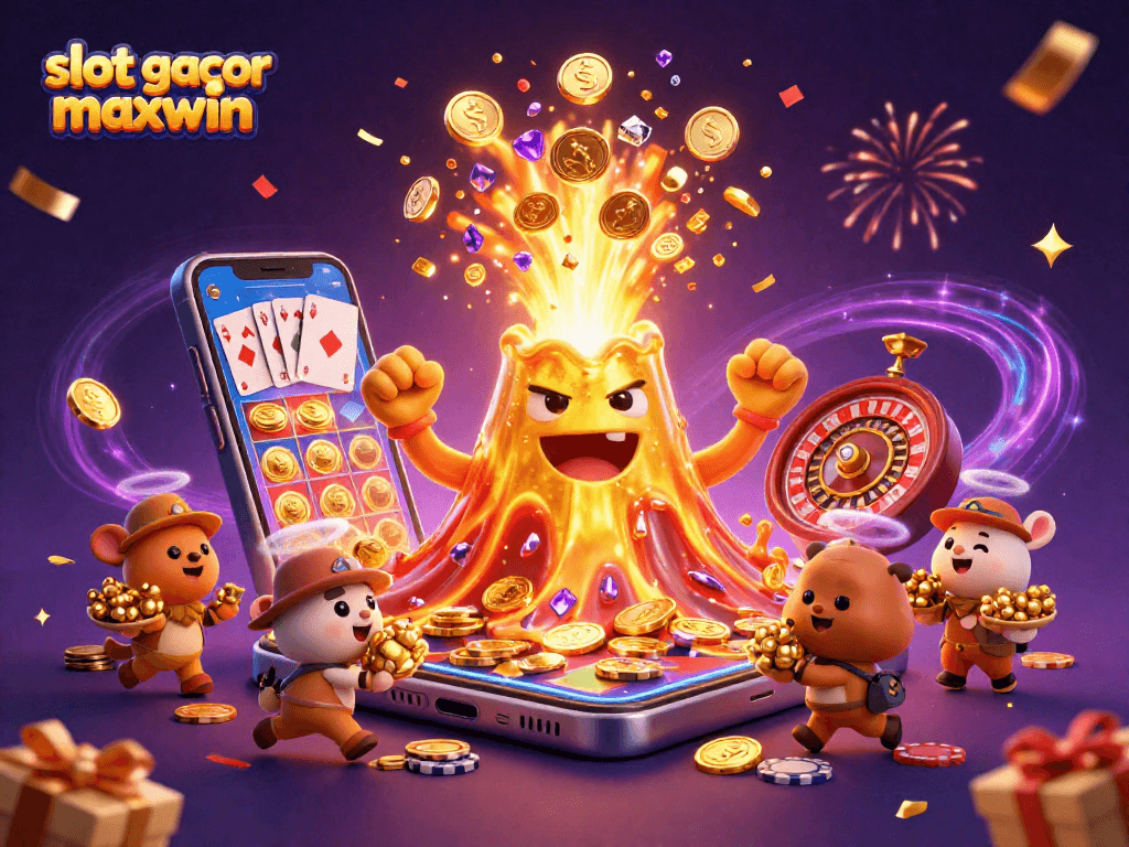 Rasakan slot gacor maxwin dengan gunung berapi emas yang memancarkan koin dan permata, dikelilingi permainan slot menarik.