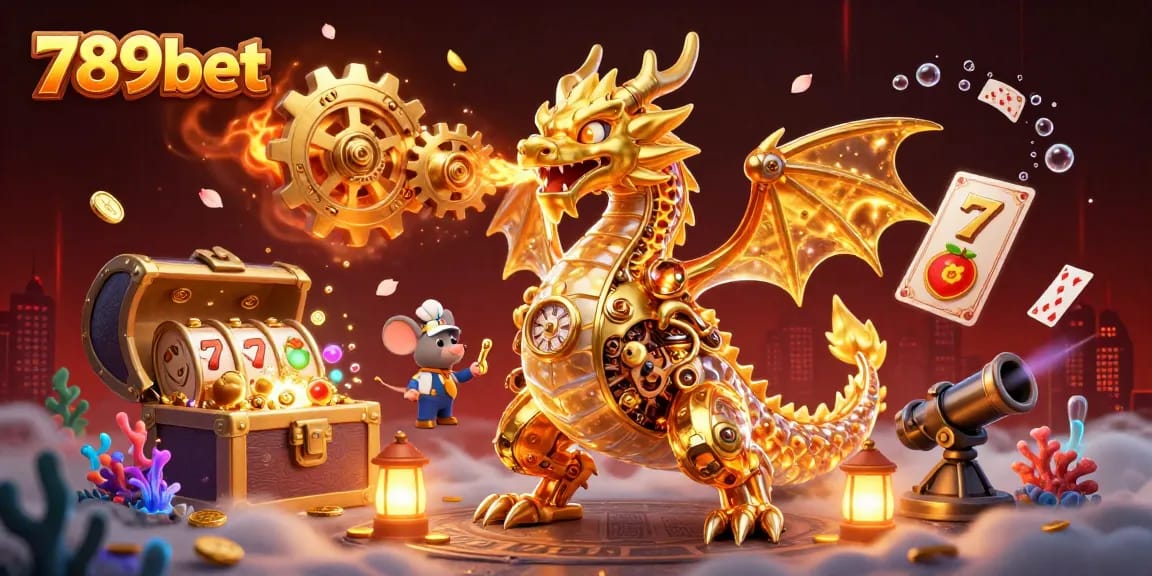 Play with 789bet's exciting slots, featuring a golden dragon amidst vibrant gaming elements.