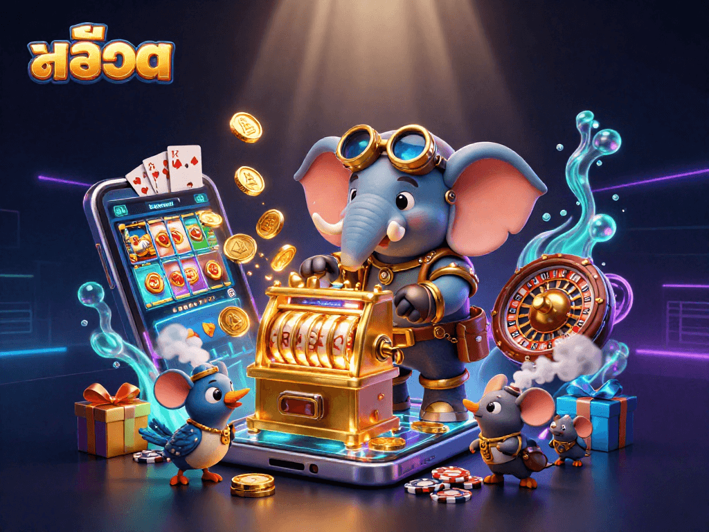 Spin the colorful สล็อต reels with a 3D elephant engineer and casino elements bursting with excitement!