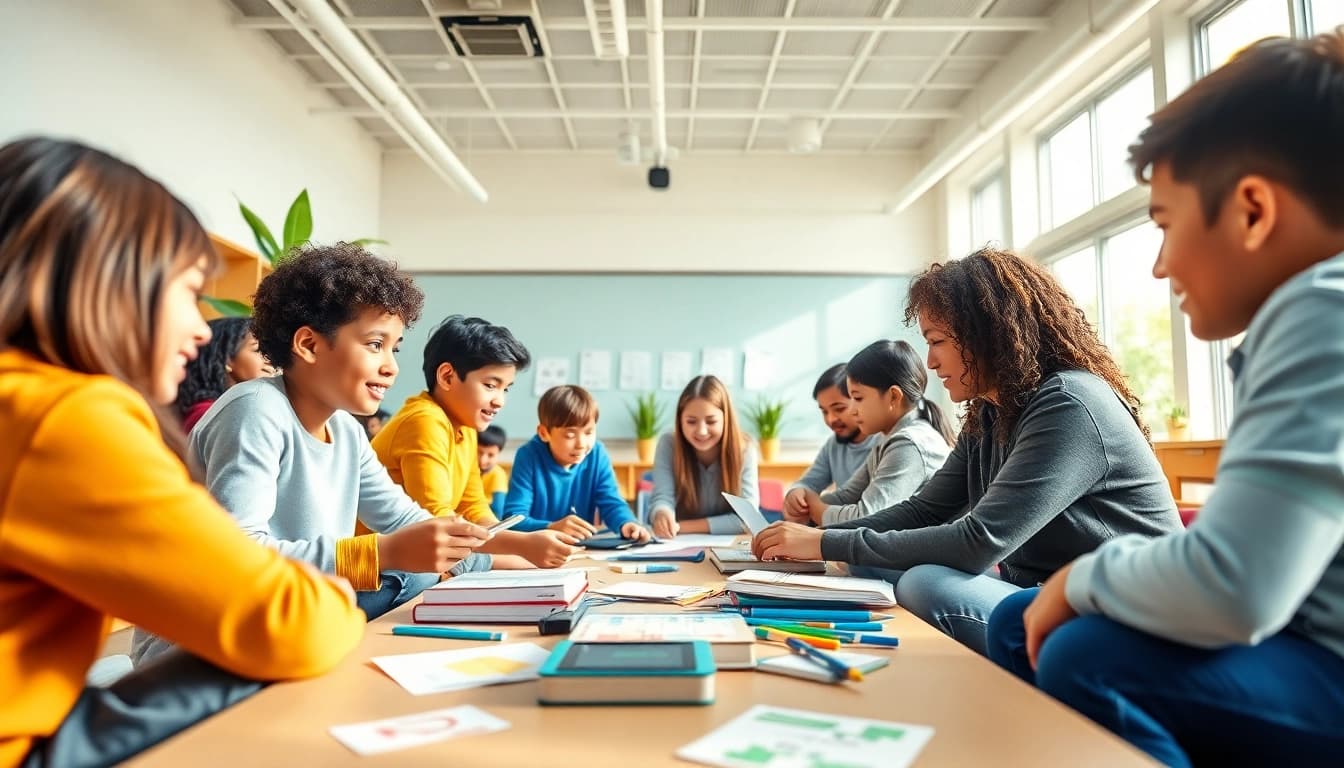 Empowering education scene with diverse students collaborating in a modern classroom.