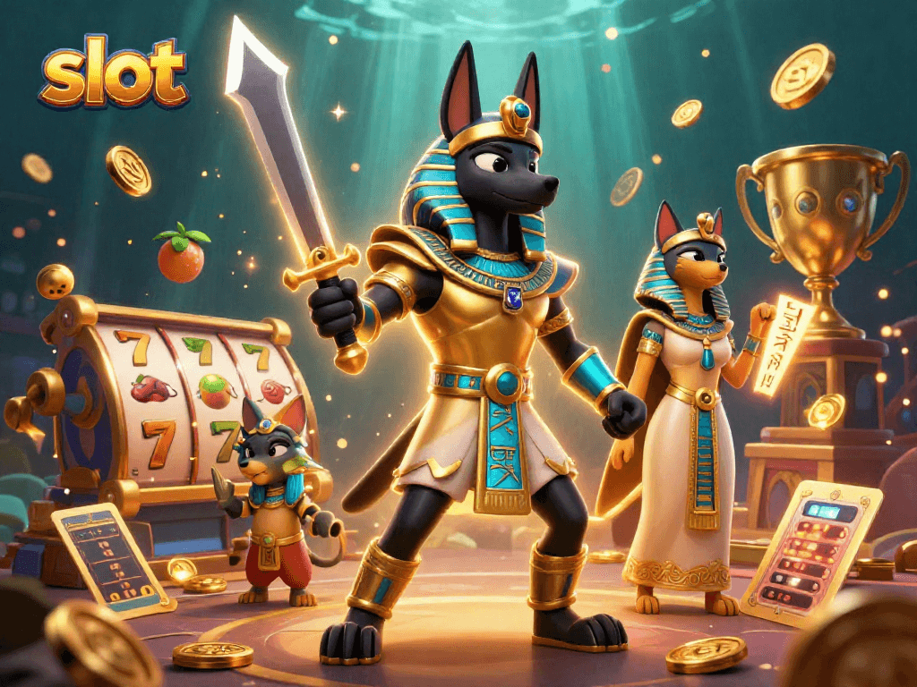 Menangkan slot dengan karakter Anubis dan Bastet dikelilingi slot reels dan simbol buah berkilauan