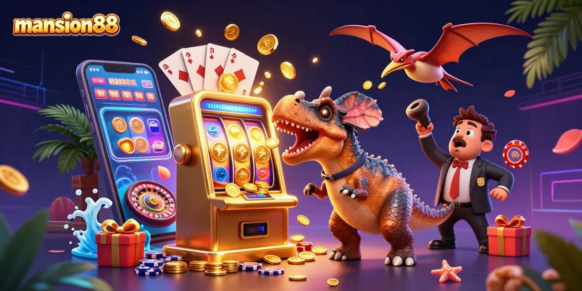 Engaging scene showcasing mansion88 with a pachycephalosaurus celebrating a jackpot at a slot machine.