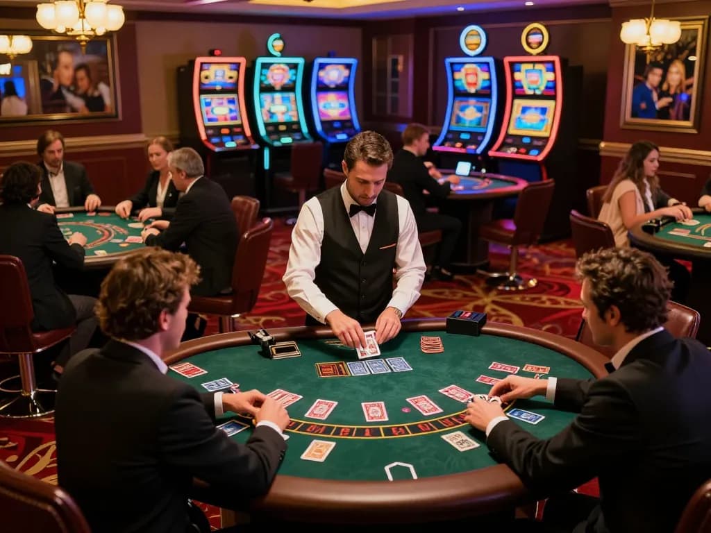 Players engaging in blackjack on a vibrant casino floor at O8.hair during an upscale evening