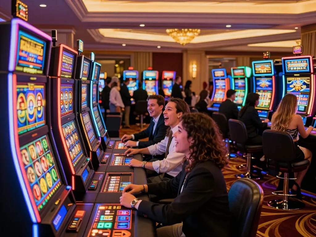 Players engaging with lively slot machines at Paris888 casino, celebrating wins and enjoying the thrilling atmosphere.
