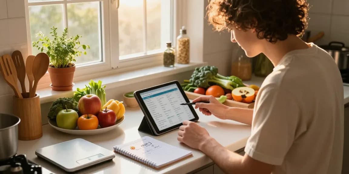 A person using a tablet to log meals in a sunny kitchen, showcasing the best food tracker for healthy cooking.