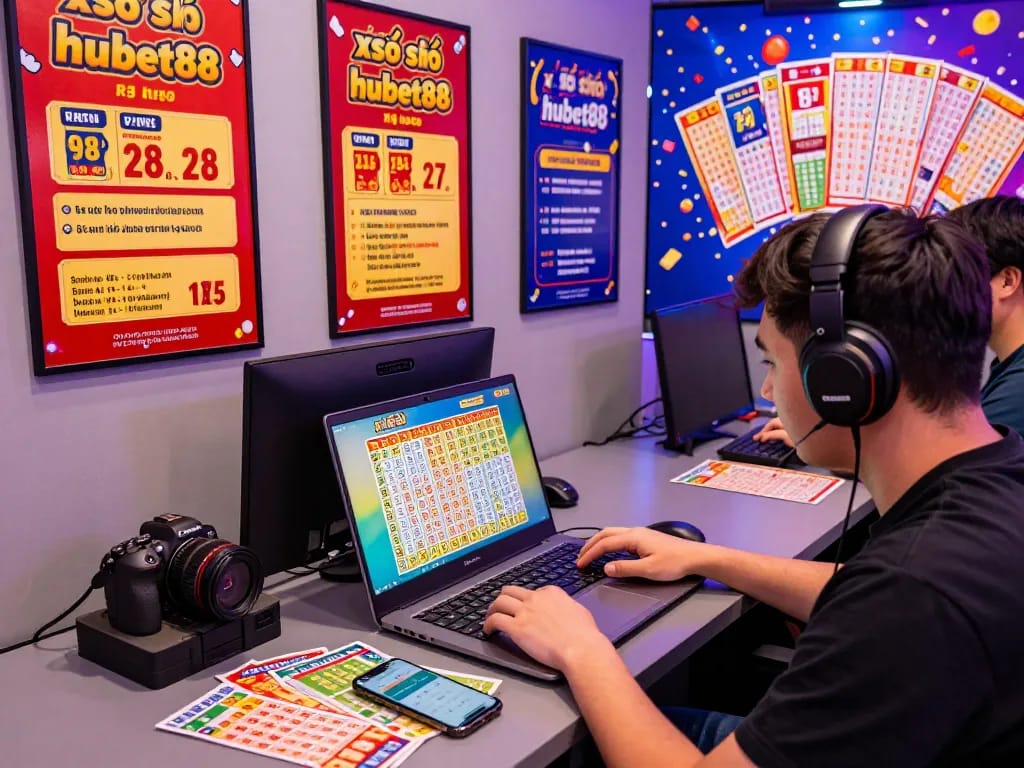 Excited gamer checking lottery tickets at desk for xổ số hubet88.