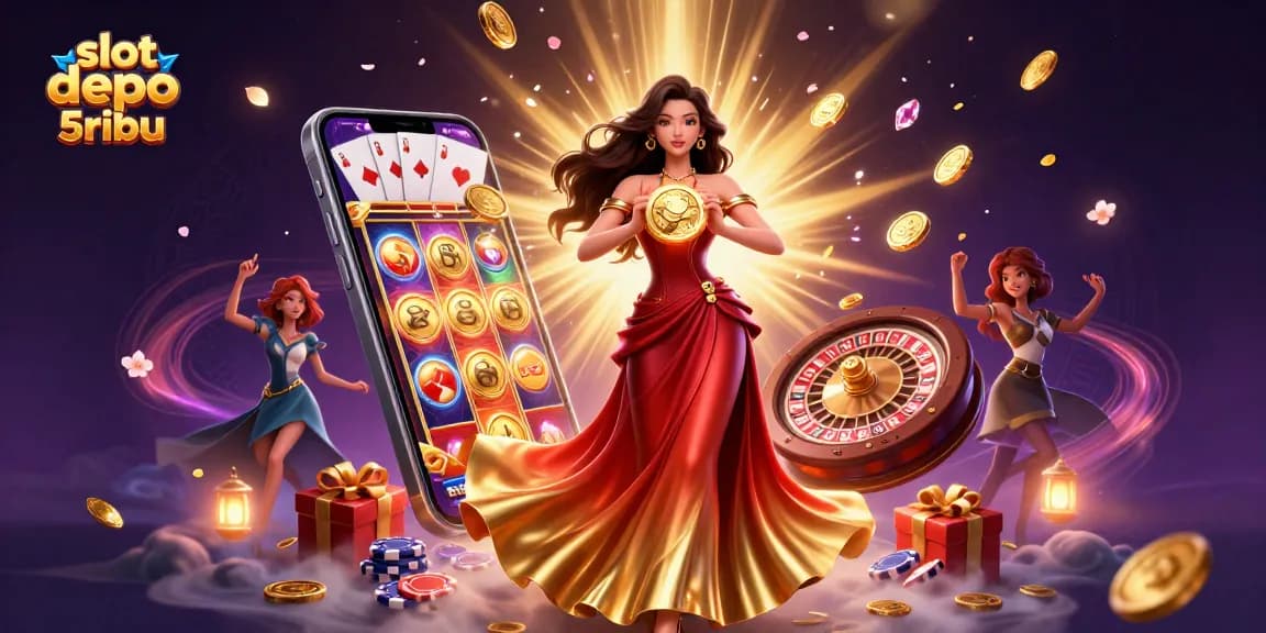 Experience slot depo 5ribu winnings with this vibrant 3D gaming scene featuring coins and excitement.