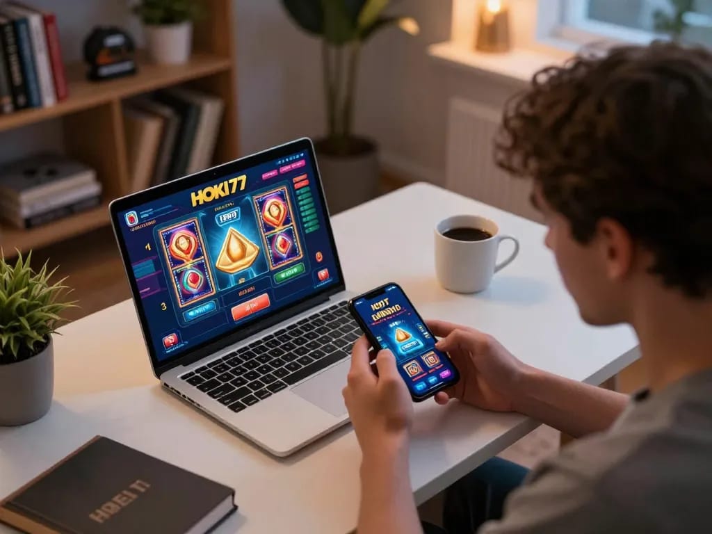 Rasakan permainan mendebarkan di aplikasi HOKI77 yang menampilkan slot online yang cerah di smartphone.