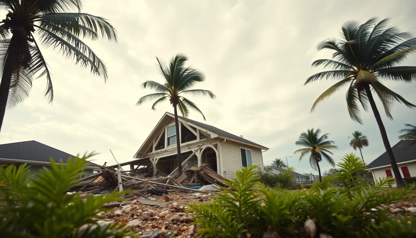 Assessing Florida Hurricane Damage with debris and damaged homes after a storm.