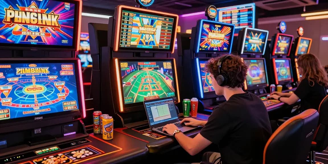 Exciting gameplay at a credit card casino with player engaging on a laptop amidst colorful slot machines, showcasing vibrant gaming atmosphere.