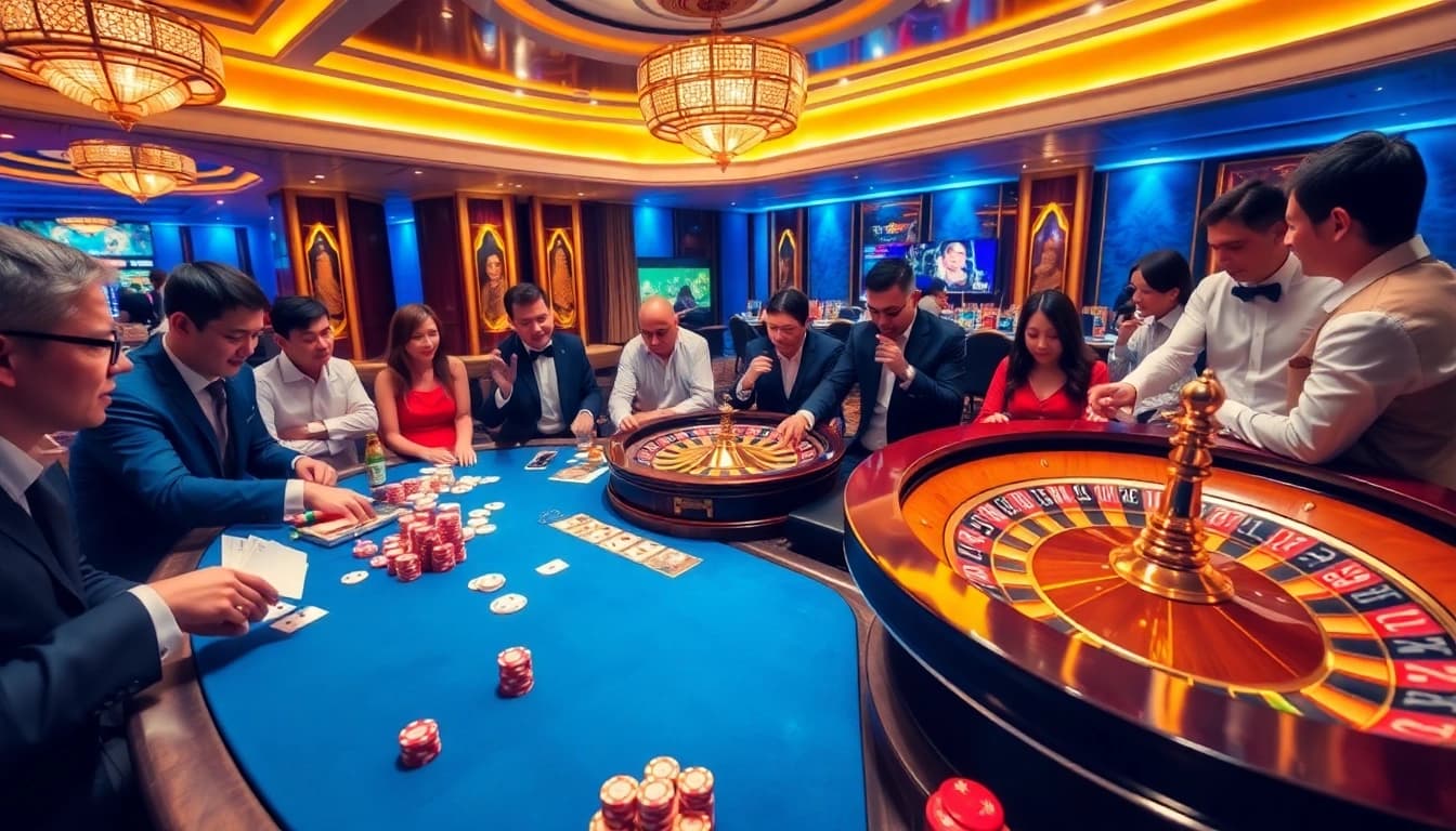 sbobet players placing bets at a glamorous poker table in a luxury casino