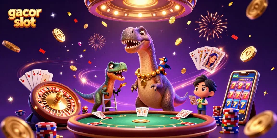 Experience the excitement of gacor slot with a vibrant casino scene featuring a brontosaurus and raptor.