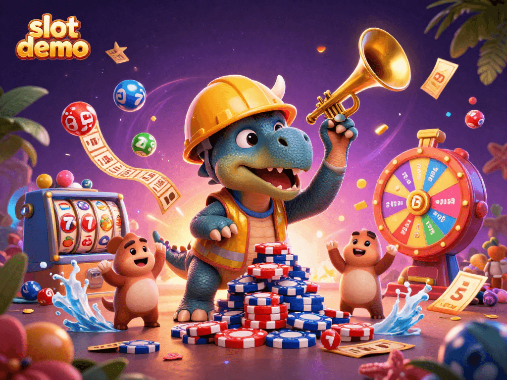 Mainkan slot demo dengan triceratops membangun tumpukan chip poker di kasino yang penuh semangat.