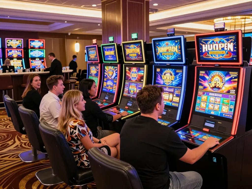 Pemain menikmati mesin slot di kasino modern, menyoroti pengalaman situs gacor dalam lingkungan yang hidup.