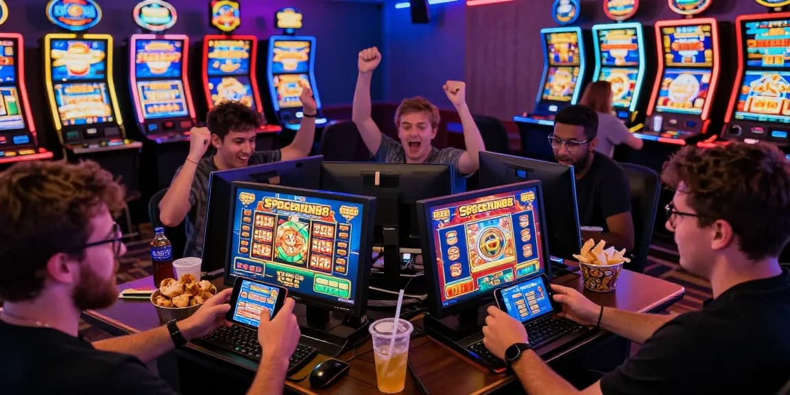 Exciting Spaceman88 gaming experience with players celebrating wins in a vibrant virtual casino atmosphere.