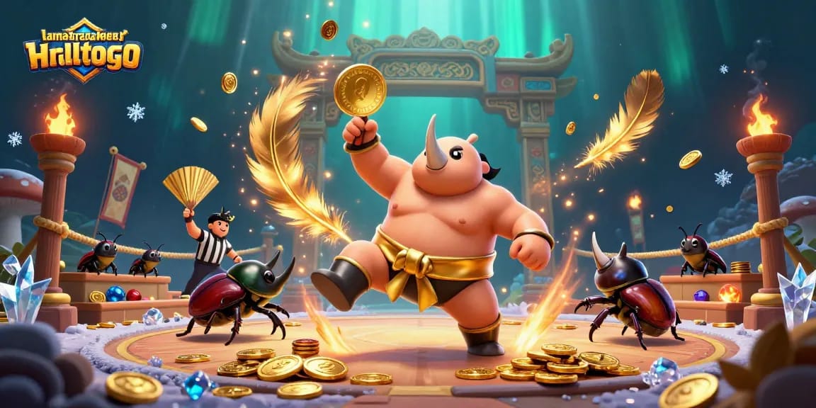 lamatracamexicangrilltogo showcases a dynamic scene with a costumed beetle champion stomping coins in a vibrant casino atmosphere.
