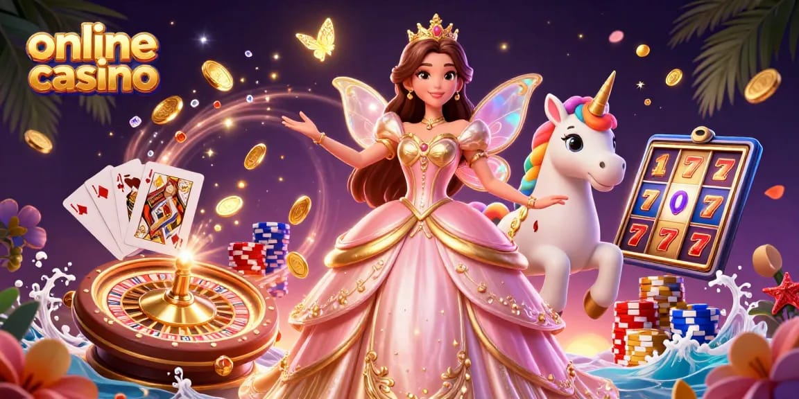 Experience an enchanting online casino scene with vibrant characters amidst sparkling game elements.