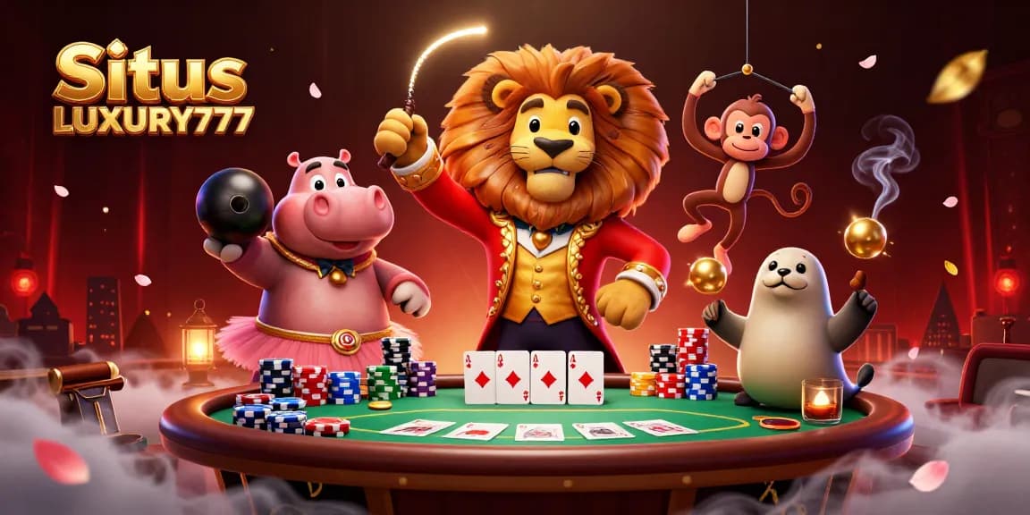 Situs LUXURY777 yang menampilkan lion ringmaster dan elemen permainan kasino yang mengasyikkan