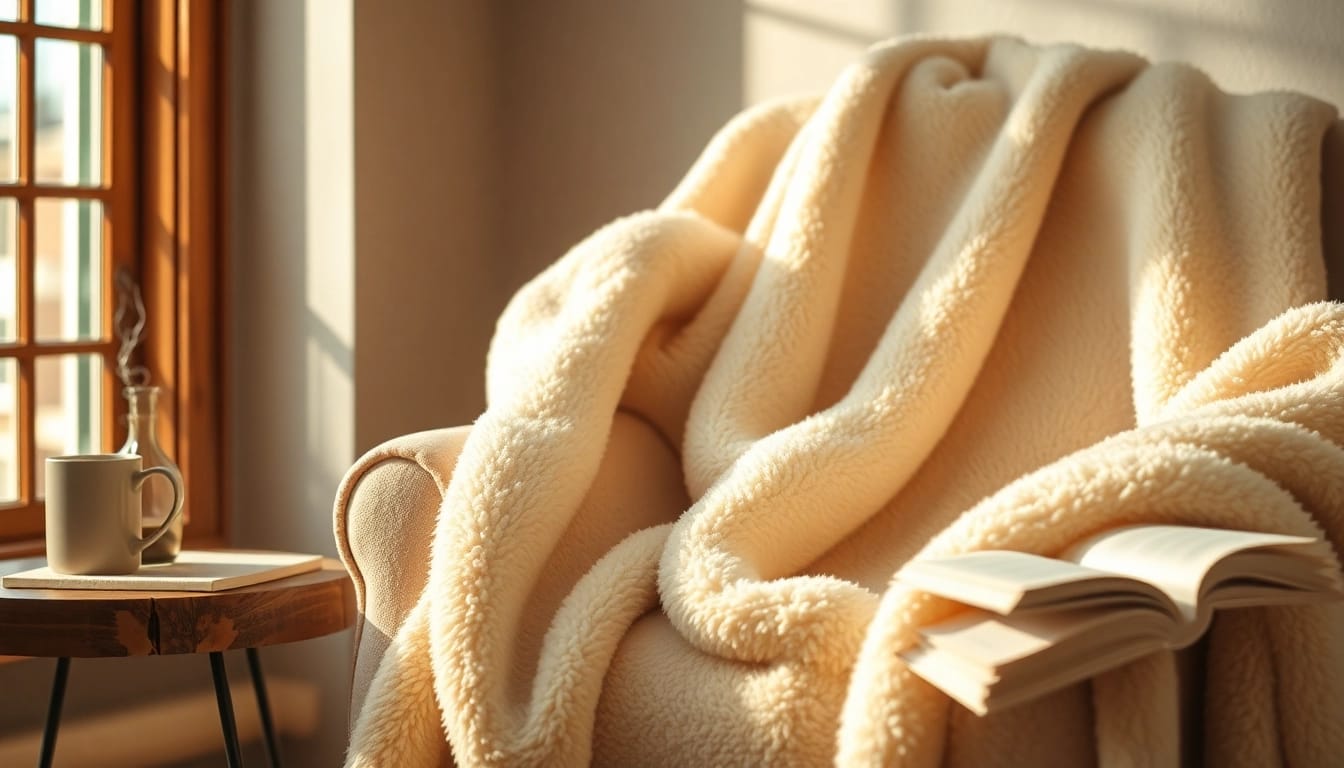 Fleece stof getoond in een gezellige woonkamer met warme tinten en zachte texturen.