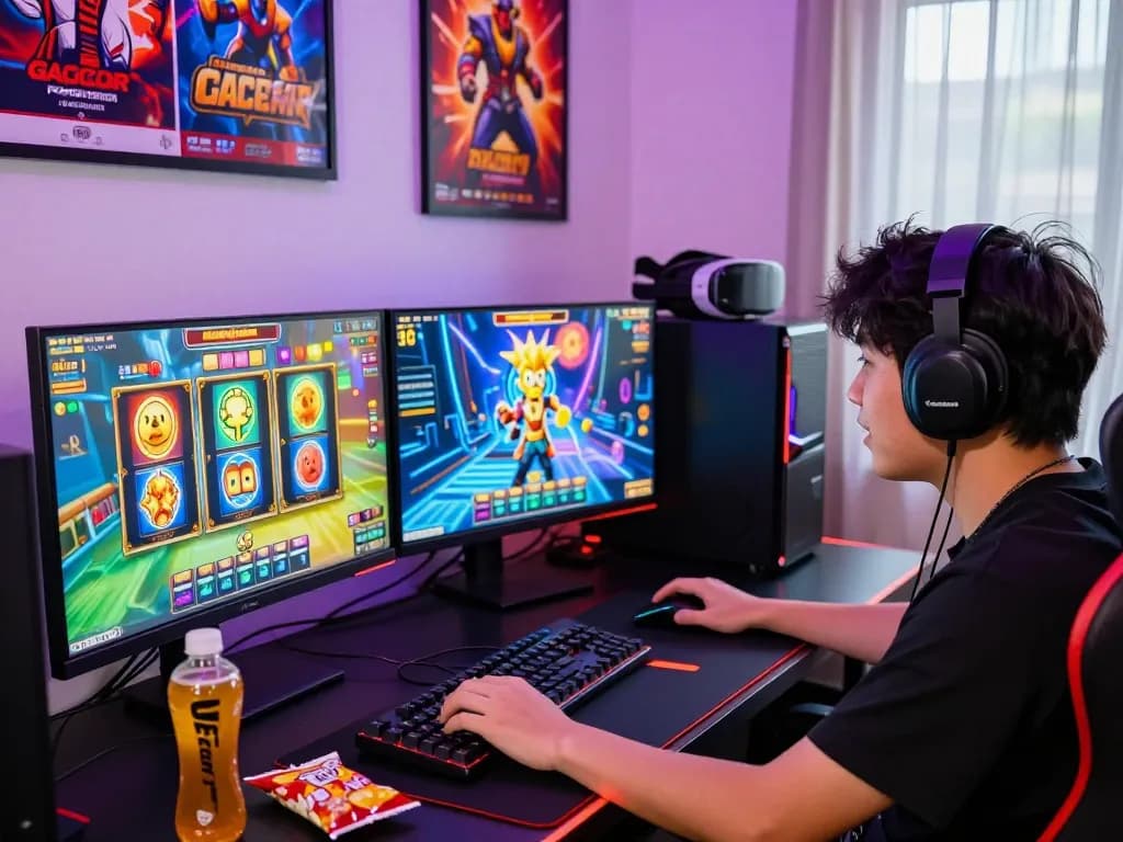 Exciting gaming experience highlighting slot gacor games, vibrant player setup with colorful monitors and gaming accessories.